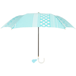 晴雨兼用折傘 スマートブレラ 二つ折りタイプ アクアドットストライプ タッセル付き 1枚目の画像