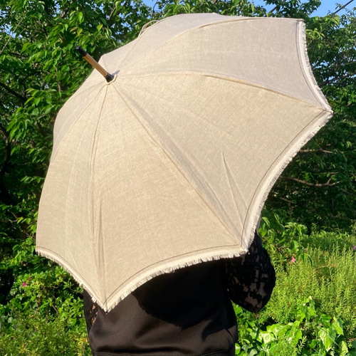 新品【長傘 日傘】高級生成り1点物 木製作り麻100%豪華鮮やかお花素敵刺繍 新品【長傘 日傘】高級生成り1点物 すり潰す 木製作り麻100%