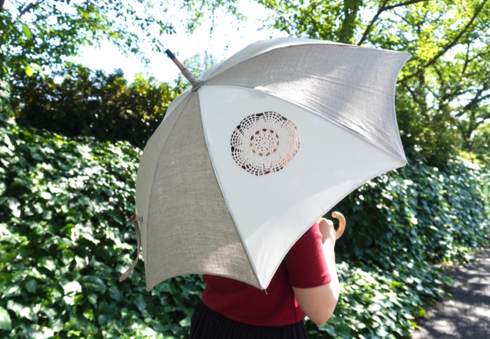 日傘 長傘 麻 クロッシェレース×生成り タッセル付き