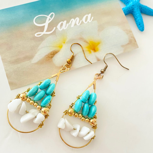 ハンドメイド ハワイアン フープ ターコイズブルー フックピアス