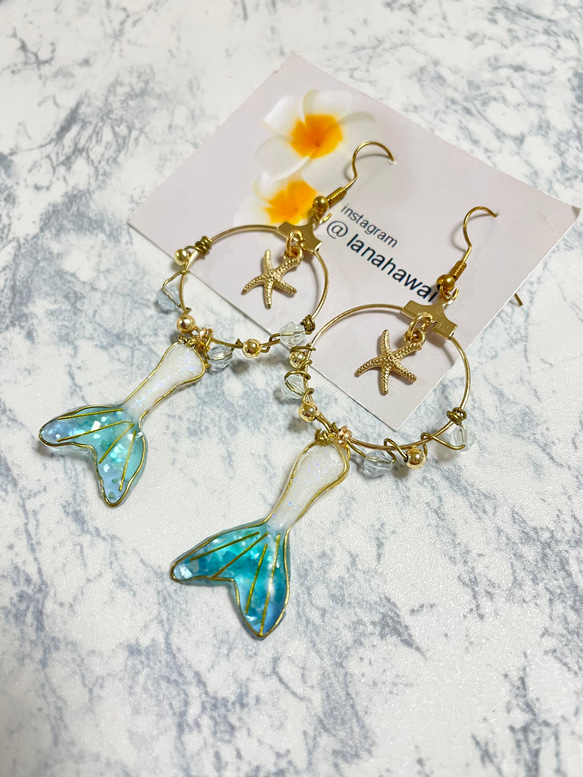 人魚さんの緑ピアス ラスト一点！ 再販！海を感じる人魚のしっぽニッケルフリーフック