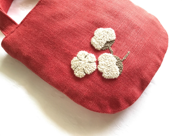 綿花の手刺繍のミニバッグ(あかリネン) 2枚目の画像