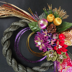 つまみ細工しめ縄「稲穂×紫」お正月飾り しめ縄・しめ飾り