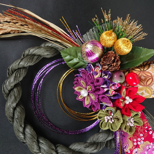 つまみ細工しめ縄「稲穂×紫」お正月飾り しめ縄・しめ飾り つまみ細工