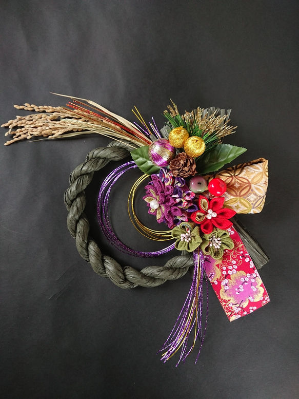 つまみ細工しめ縄「稲穂×紫」お正月飾り 2枚目の画像