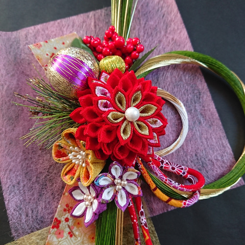 つまみ細工しめ縄「水引緑」和飾り しめ縄・しめ飾り つまみ細工工房の