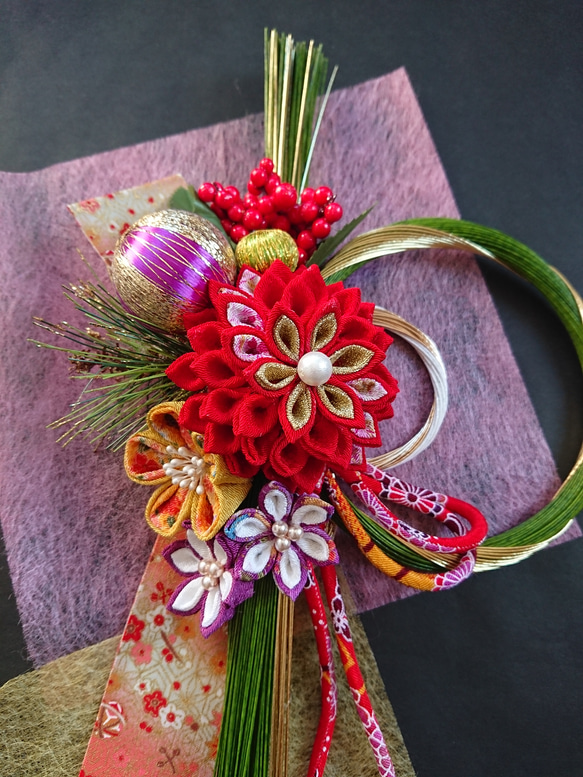 つまみ細工しめ縄「水引緑」和飾り しめ縄・しめ飾り つまみ細工工房の