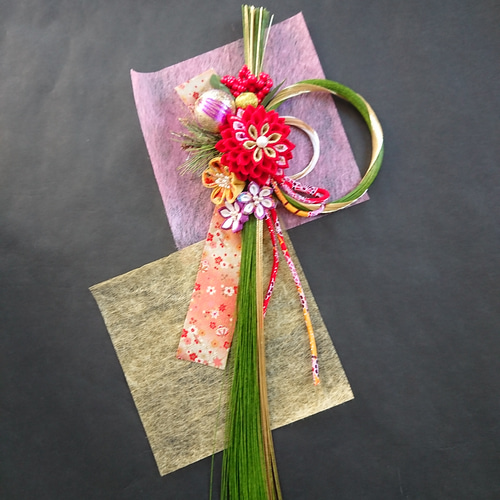 つまみ細工しめ縄「水引緑」和飾り しめ縄・しめ飾り つまみ細工工房の