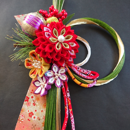 つまみ細工しめ縄「水引緑」和飾り しめ縄・しめ飾り つまみ細工工房の