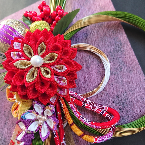 つまみ細工しめ縄「水引緑」和飾り しめ縄・しめ飾り つまみ細工工房の