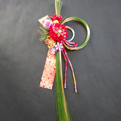 つまみ細工しめ縄「水引緑」和飾り しめ縄・しめ飾り つまみ細工工房の