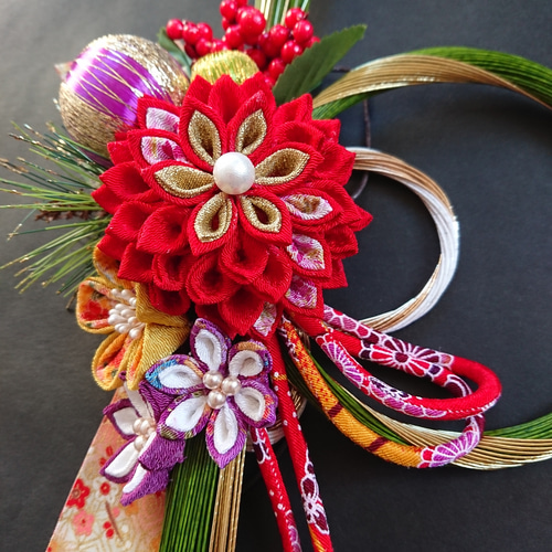 つまみ細工しめ縄「水引緑」和飾り しめ縄・しめ飾り つまみ細工工房の