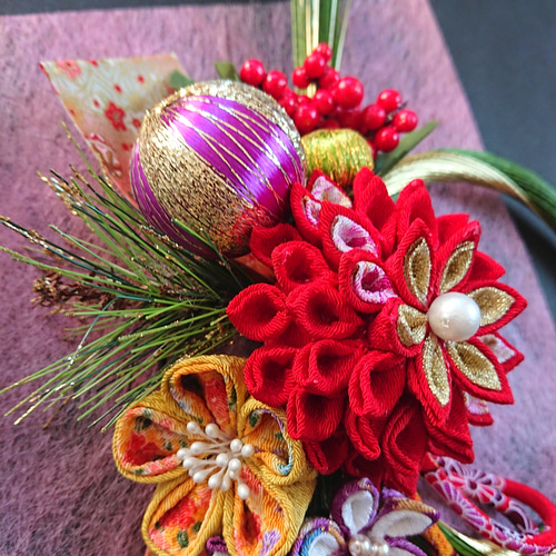 つまみ細工しめ縄「水引緑」和飾り しめ縄・しめ飾り つまみ細工工房の