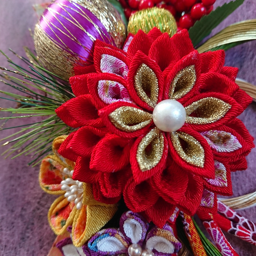 つまみ細工しめ縄「水引緑」和飾り しめ縄・しめ飾り つまみ細工工房の