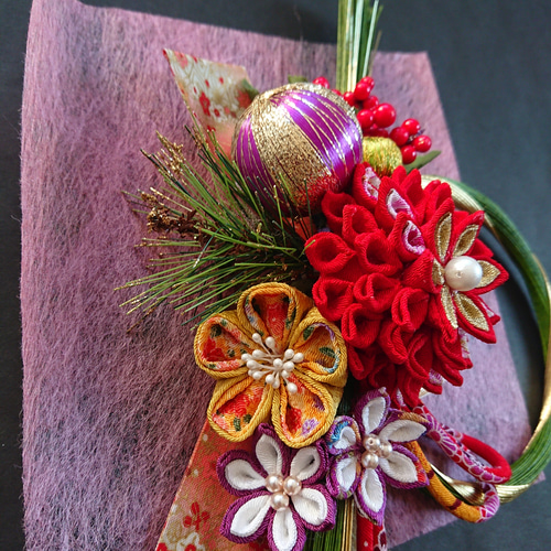 つまみ細工しめ縄「水引緑」和飾り しめ縄・しめ飾り つまみ細工工房の