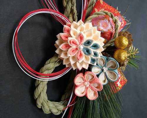 つまみ細工 正月飾り しめ縄飾り ① ✿つまみ細工✿ お正月しめ縄飾り(ホワイトVer,1) しめ縄