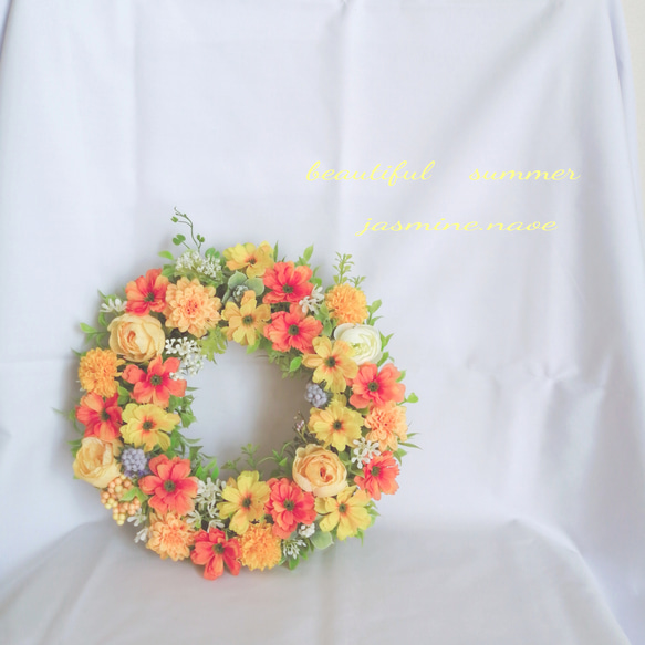 花籠♪秋桜のフラワー♡リース~オレンジのキラメキ~アーティフィシャルフラワー 3枚目の画像