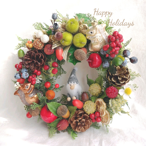 『冬の新作』果物と木の実いっぱい♪童話の森のXmas♥小人とリスのハッピーChristmas〜クリスマスリース 1枚目の画像