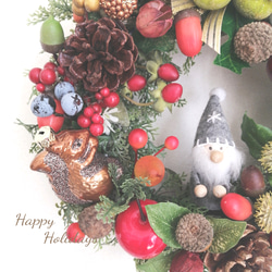 『冬の新作』果物と木の実いっぱい♪童話の森のXmas♥小人とリスのハッピーChristmas〜クリスマスリース 3枚目の画像