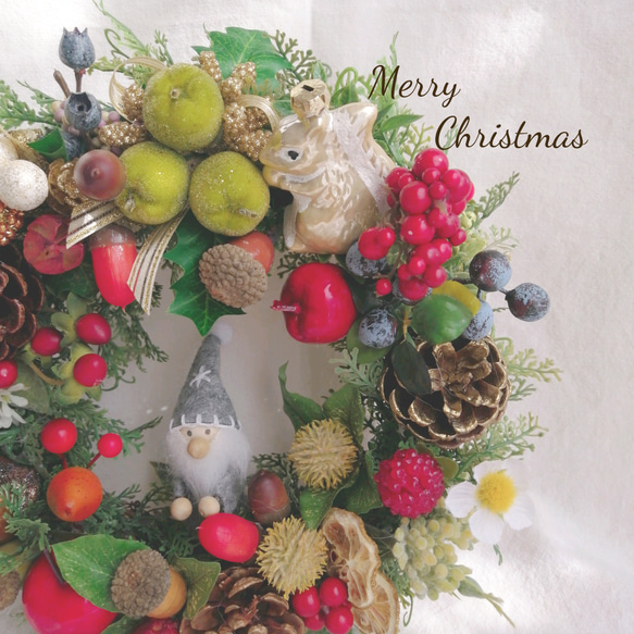 『冬の新作』果物と木の実いっぱい♪童話の森のXmas♥小人とリスのハッピーChristmas〜クリスマスリース 8枚目の画像