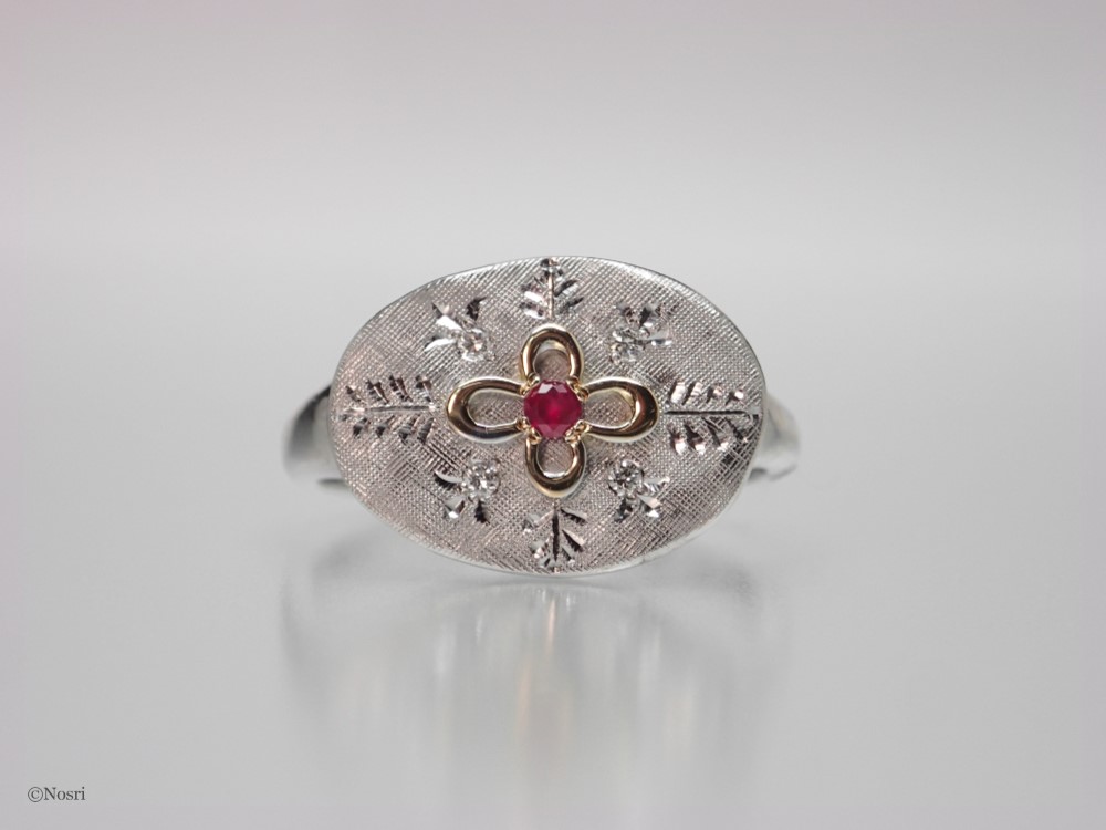 ステージ フラワーリング　ダイヤモンド ルビー〔手彫り/エングレービング〕