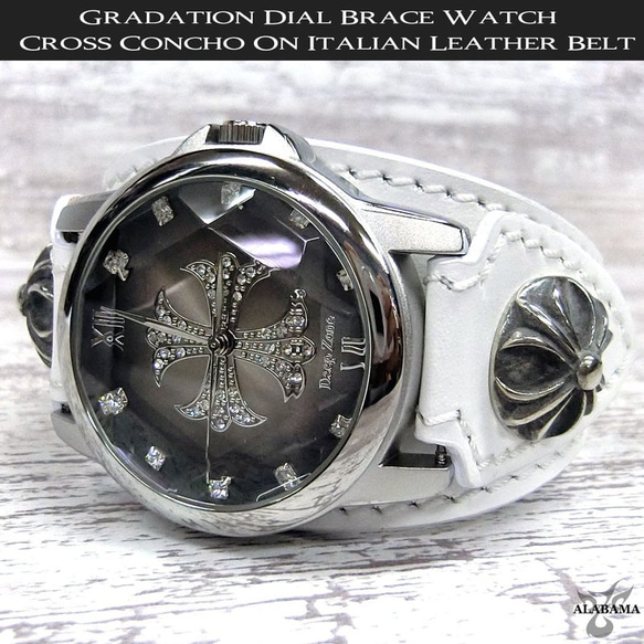腕時計　イタリアンレザー　ブレスウォッチ　ホワイト革ベルト　クロスデザインフェイス 2枚目の画像
