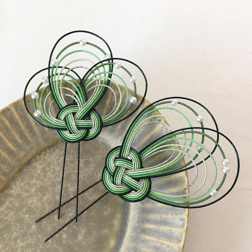 水引 髪飾り 緑 和装 成人式 卒業式 七五三 ヘアピン aprile12 通販