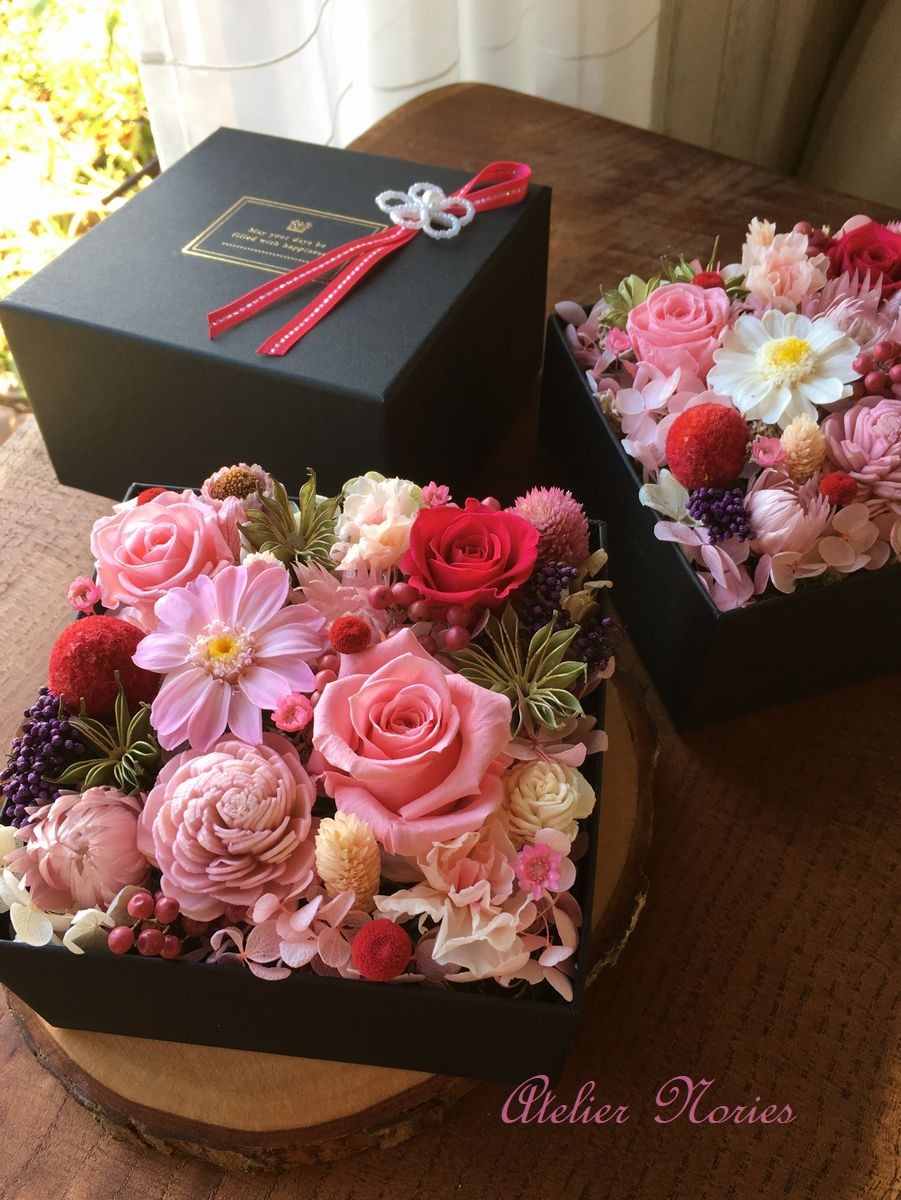 再販x2ジョアンナ ピンク プリザーブドフラワーのボックスフラワー（L）サイズ　母の日の贈り物に