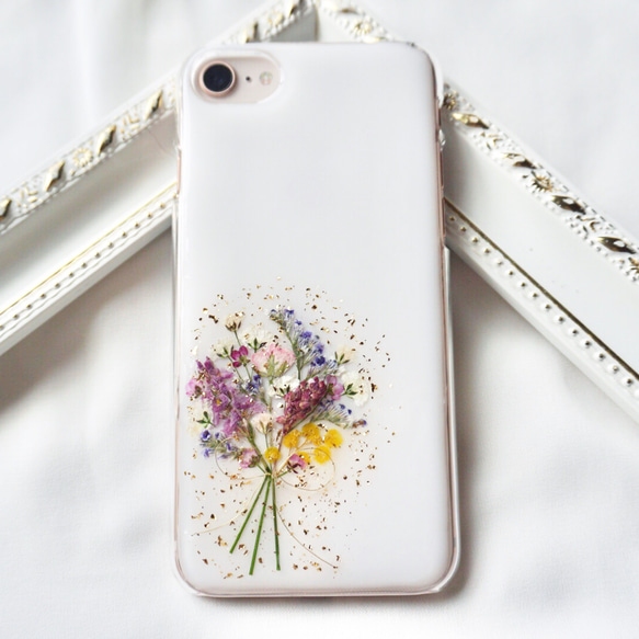 【野花のブーケ】 押し花スマホケース　iPhoneケース　全機種対応　android ソフトケース　ブーケ　薔薇　花束 1枚目の画像