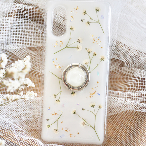 かすみ草の煌めき】 押し花スマホケース iphoneケース android