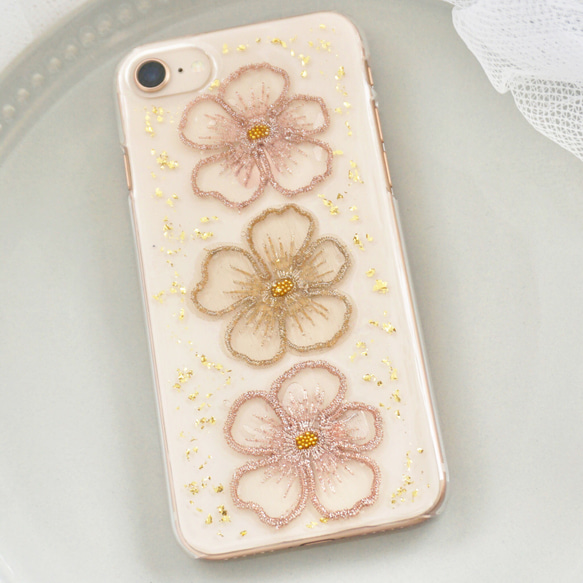 刺繍フラワー　SE2 8 12 X 11 12mini 13 13pro 7全機種対応　xperia 押し花スマホケース 2枚目の画像