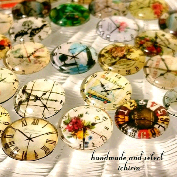 ガラスカボション☆時計　クリア １４ｍｍ　ドーム　３０個入りアソート　 3枚目の画像