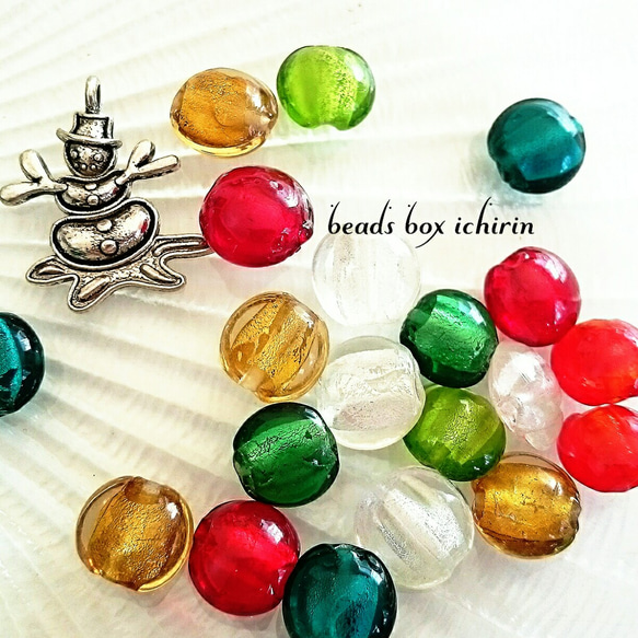 銀箔入り☆ランプワークビーズ  Christmas*set  12ｍｍ  20個セット(チャーム1個付き♪) 3枚目の画像