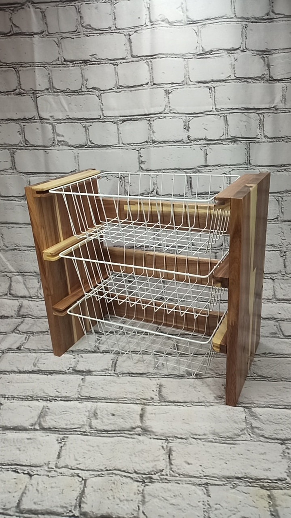 アカシア集成材 3段ワイヤーラック ワイヤーバスケット 棚