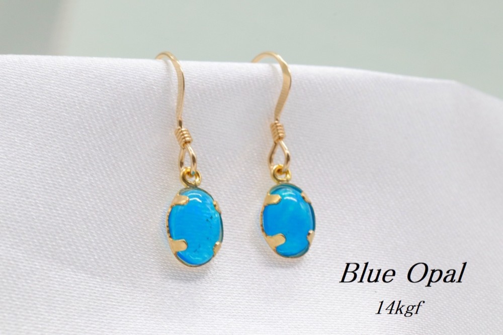 14kgf グリーンブルーオパール✧ 天然 ブルー オパール 8×6mm 14kgf ピアス ピアス（フック・チェーン