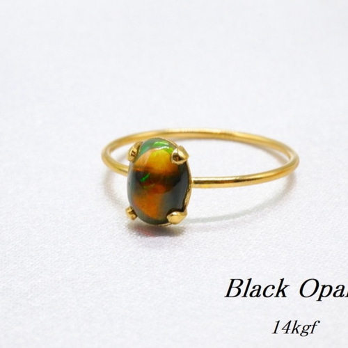 14k ♥オパールリング♦8号 天然石 ブラック オパール 8×6mm 14kgf リング 指輪・リング