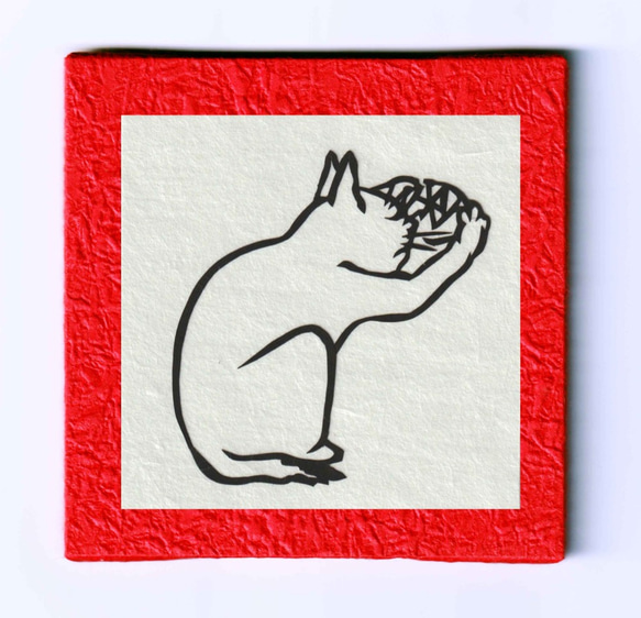 歌川広重「百猫画譜」切り絵 和紙×木製パネル 1枚目の画像