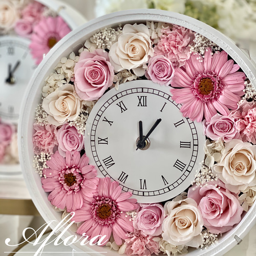 プリザーブドフラワー花時計　母の日　プリザーブド薔薇24個 訳あり24cm プリザーブドフラワー八角形花時計S ピンク 置時計 壁掛け時計母