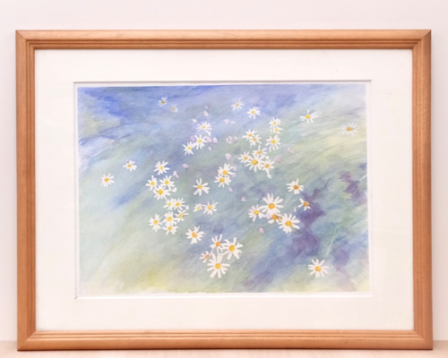 菊「野菊の丘」／水彩／一点物／原画／額付き／送料無料 絵画 H-Art