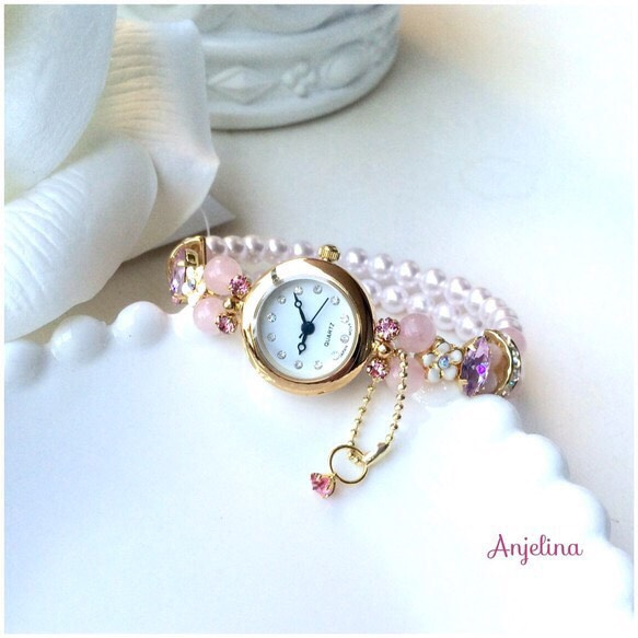 “丘比特石”❤︎粉晶粉紅蛋白石❤︎5月10日誕生粉紅珠寶閃閃發光的手鐲腕錶 第1張的照片