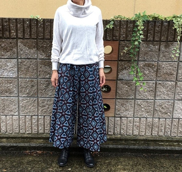 着物リメイクワイドパンツ/絣・薄赤地 キュロット・ワイドパンツ 