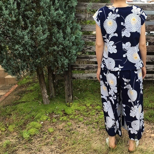 浴衣リメイクセットアップ/フレンチスリーブブラウス&ワイドパンツ