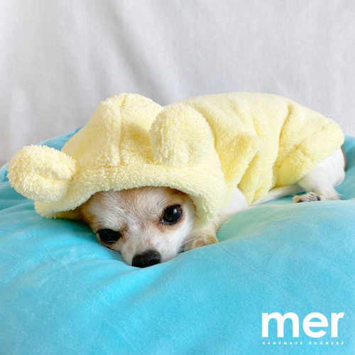ハンドメイド 犬服 Sサイズ 小型犬 クマ耳付きパーカー【レモン