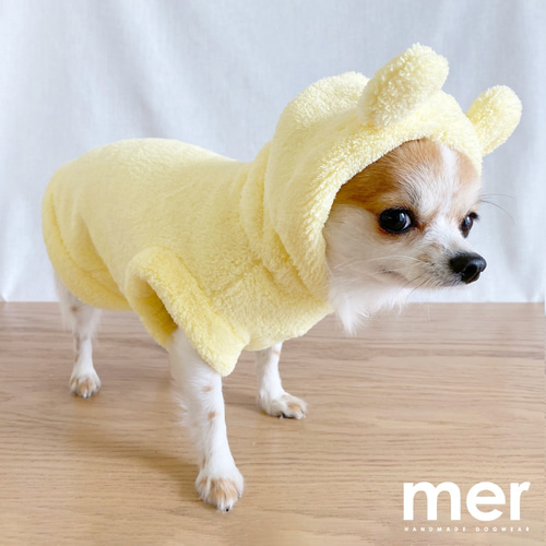 ハンドメイド 犬服 Sサイズ 小型犬 クマ耳付きパーカー【レモン