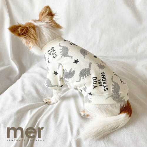 ハンドメイド犬服 Sサイズ 小型犬用 恐竜柄Tシャツ【アイボリー