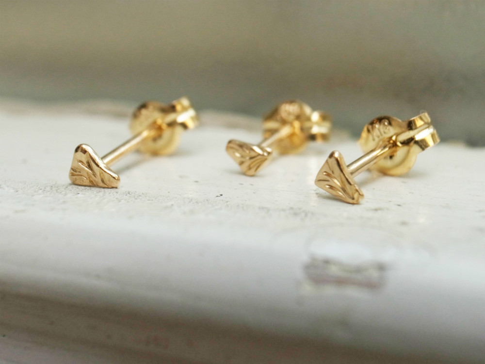 毎日着けられるミニマルデザインでさりげなくキラリ。K18金ゴールド手作り極小スタッドピアス・三角系
