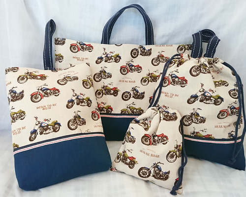 手提げ・レッスンバッグ・入園グッズ LiLi 入園入学＊ バイク柄レッスンバッグ 4点セット☆ 男の子 その他