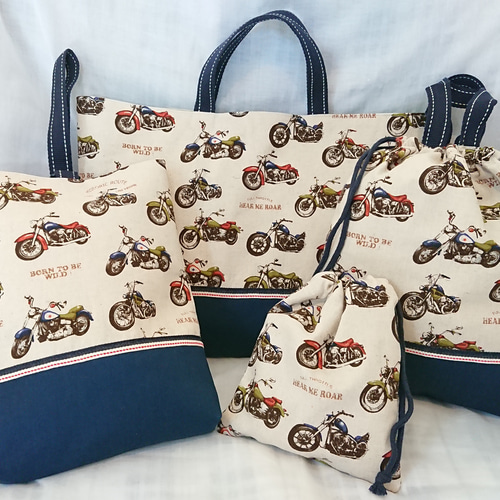 園バッグ、多目的バッグ「オリジナル」 入園入学＊ バイク柄レッスンバッグ 4点セット☆ 男の子 その他入園