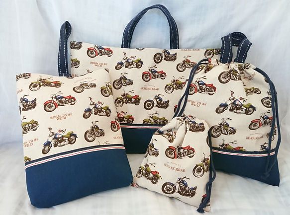m.r.c-illet⭐︎レッスンバッグ等4点⭐︎入園入学セットハンドメイド 入園入学＊ バイク柄レッスンバッグ 4点セット☆ 男の子 その他入園