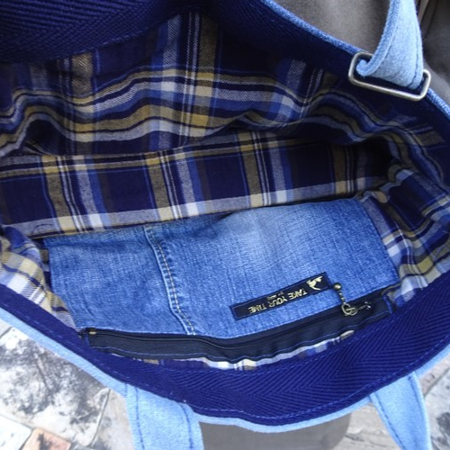 チェック柄リボン付きリメイク本物デニムバッグ ハンドバッグ take